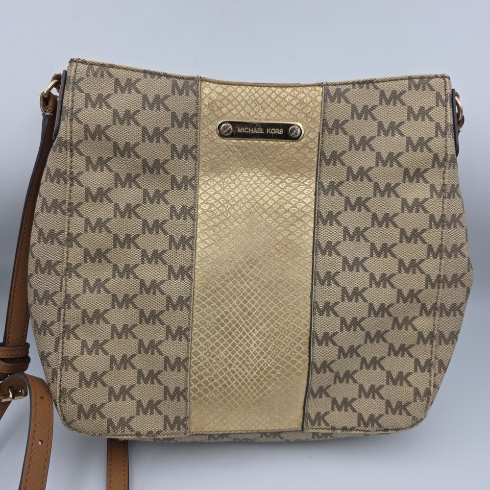 Michael Kors Womens Center Stripe Crossbody Shoulder Handbag Purse Grey/Tan